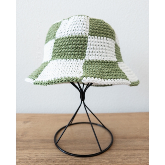 Accessories - Checkered Crochet Bucket Hat - Sage/White (Handmade)